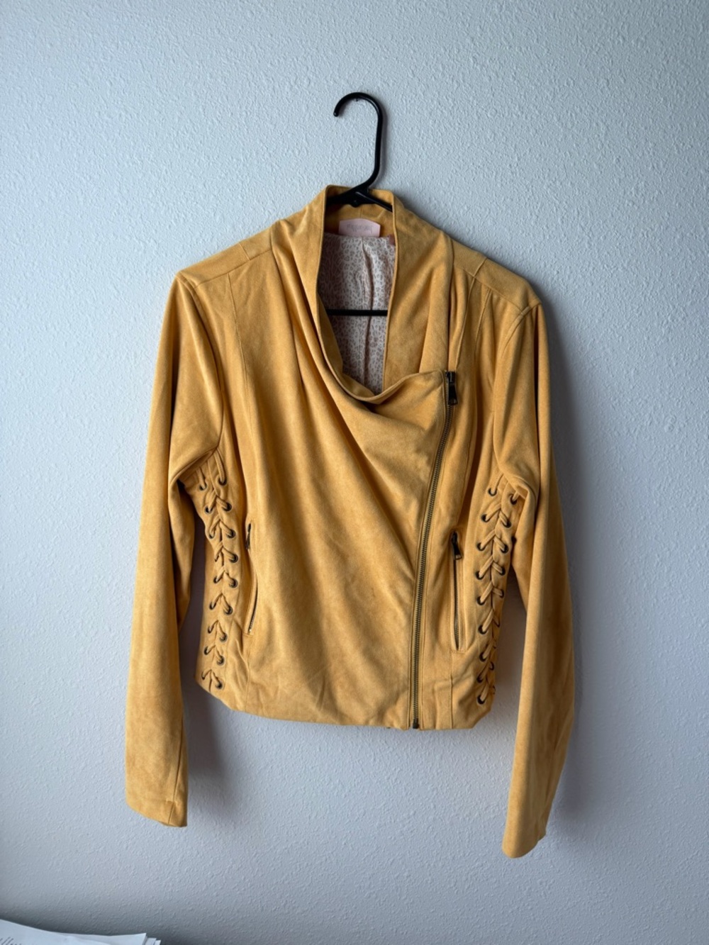 Willow Yellow Leather Jacket with Waterfall Front - Picture 3 of 14